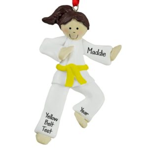 Karate GIRL YELLOW Belt Personalized Ornament BRUNETTE
