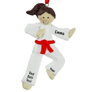 Karate GIRL RED Belt Personalized Ornament BRUNETTE