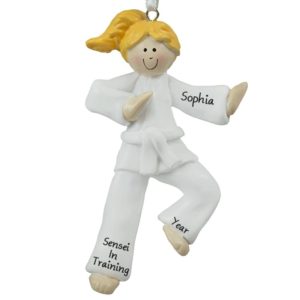 Image of Karate GIRL WHITE Belt Personalized Ornament BLONDE