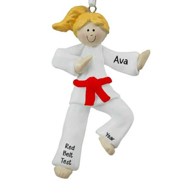 Karate GIRL RED Belt Personalized Ornament BLONDE