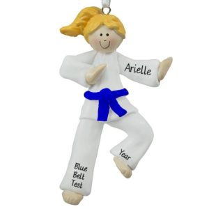 Image of Karate GIRL BLUE Belt Personalized Ornament BLONDE