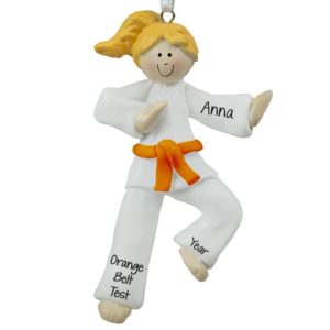 Image of Karate GIRL ORANGE Belt Personalized Ornament BLONDE
