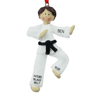 Personalized Karate Boy BLACK Belt Ornament BROWN Hair