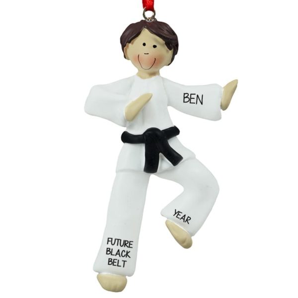Personalized Karate Boy BLACK Belt Ornament BROWN Hair