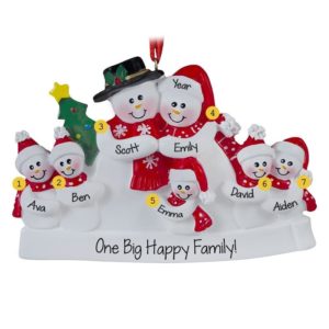 Image of Snow Family Of 7 With Red Scarves Personalized Ornament