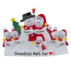 Grandparents + 5 Grandkids Snow Family Red Scarves Ornament