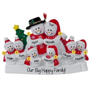 Personalized Snow Family Of 8 Red Scarves Christmas Ornament
