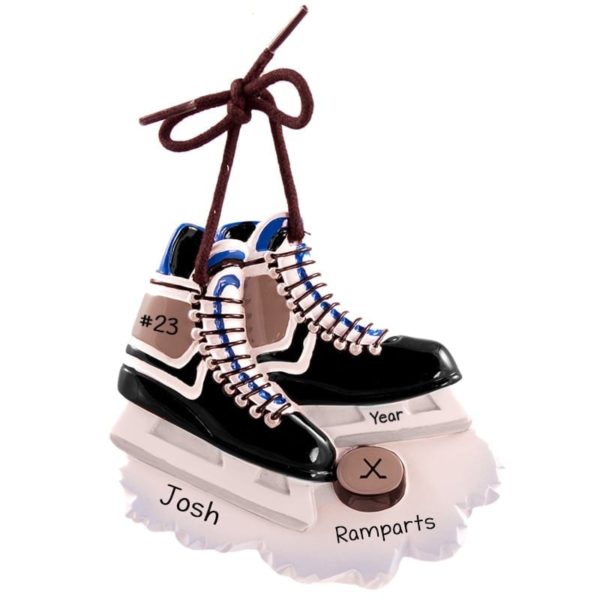 Ice Hockey Skates Real BLACK Laces & Puck Ornament