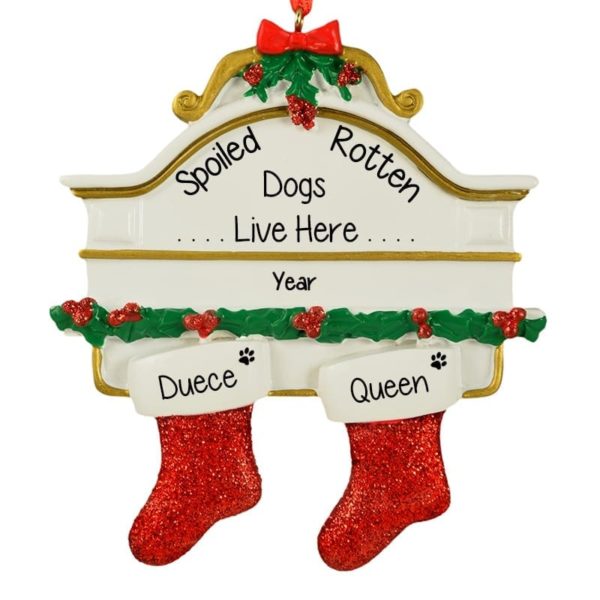 Image of 2 Dogs Glittered Stockings Hanging From Mantle Ornament
