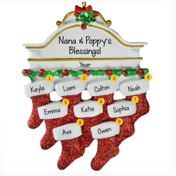 Nine Grandchildren Glittered Stockings On Mantle Ornament