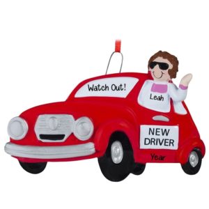 New Driver GIRL Waving In RED Car Ornament