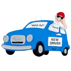 New Driver BOY In BLUE Car Ornament