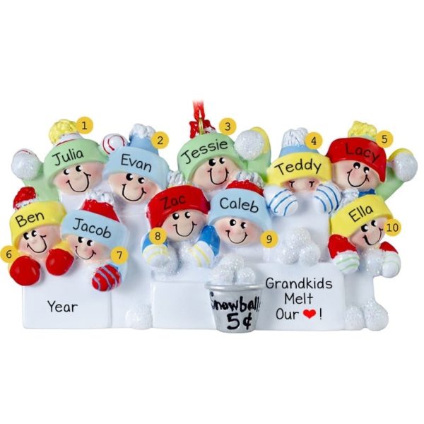 Personalized 10 Grandkids Having Snowball Fight Ornament