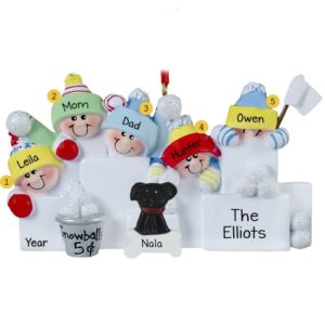 Family Of 5 With DOG Throwing Snowballs Ornament