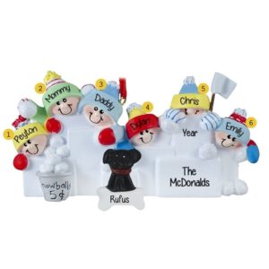 Family Or Group Of 6 With DOG Having Snowball Fight Ornament
