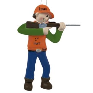 Personalized First Hunt Orange Vest Holding Rifle Ornament