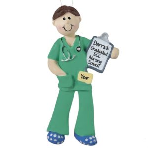 Image of MALE Nurse Graduate Wearing GREEN Scrubs Ornament