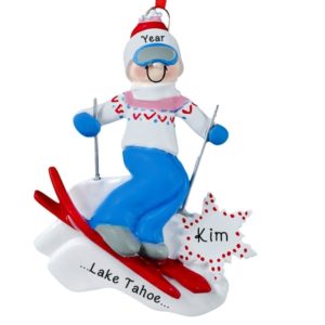Girl Skiing Downhill WHITE Sweater Red Hearts Ornament