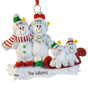 Personalized Snow Couple With 2 Kids On Sled Ornament