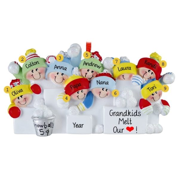 Grandparents + 7 Grandkids Throwing Snowballs Ornament