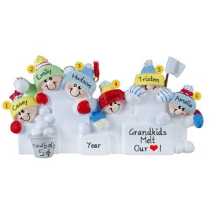 6 Grandkids Throwing Snowballs Glittered Ornament