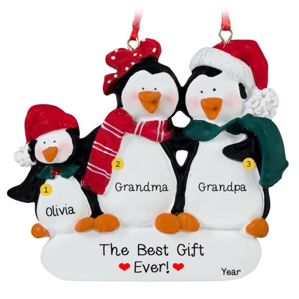 Grandparents & 1 Grandkid Penguins Personalized Ornament