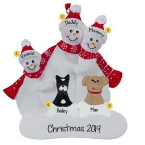 Personalized Snow Family Of 3 With 2 DOGS Red Scarves Ornament