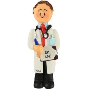 MALE Doctor Wearing Stethoscope Holding Clipboard Ornament BROWN HAIR