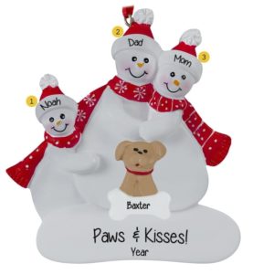 Personalized Snow Family Of 3 With DOG Red Scarves Ornament