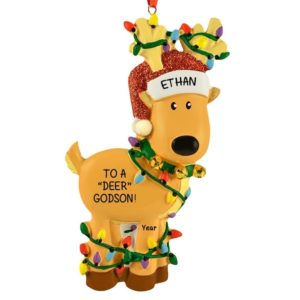 Personalized Godson Deer Tangled In Lights Ornament