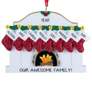 Family Or Group Of 8 Red Stockings Personalized Glittered Ornament