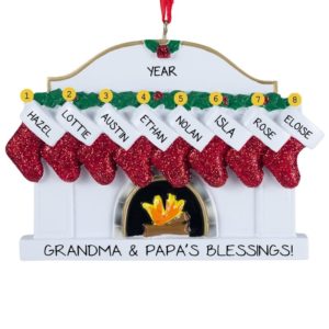 Eight Grandkids Red Stockings White Fireplace Ornament