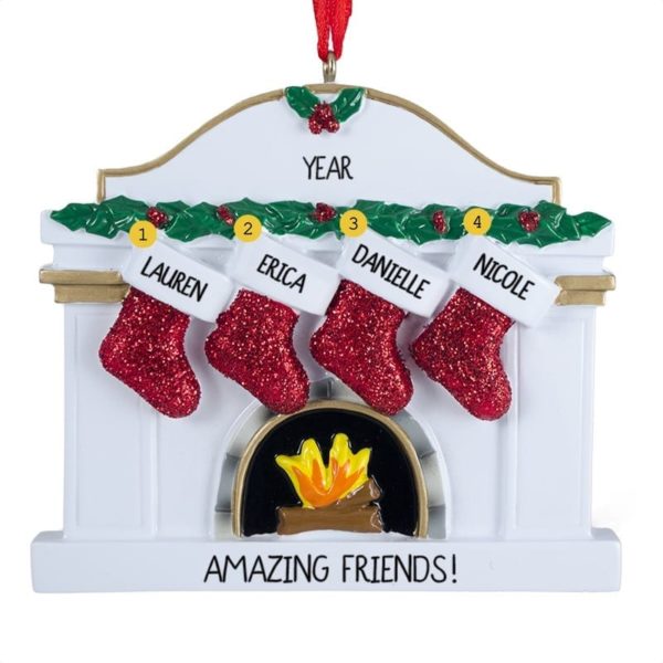 Four Friends Red Glittered Stockings Personalized Ornament
