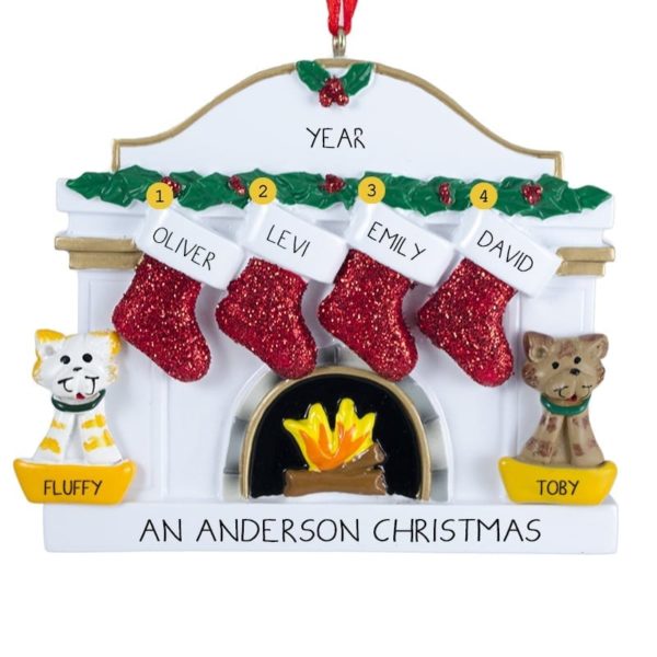 Personalized Family Of 4 With 2 Cats White Fireplace Ornament