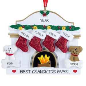 Image of Personalized Four Grandkids + 2 Dogs White Fireplace Ornament