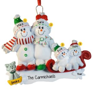 Snow Family Of 4 +1 CAT On Sled Ornament