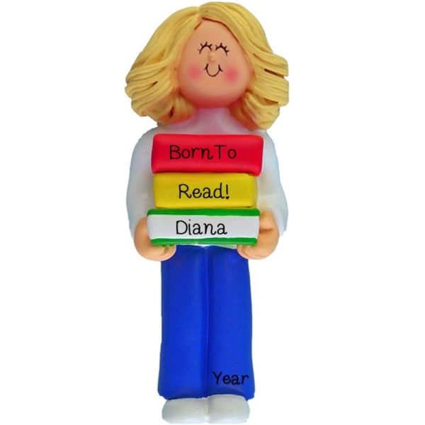 Image of Personalized Born To Read Female Holding Books BLONDE Ornament