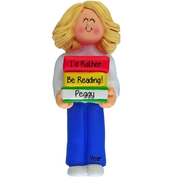 Image of Personalized Girl Reading Holding Stack Of Books Ornament BLONDE
