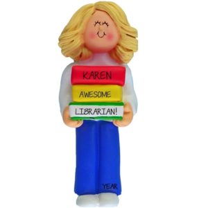 FEMALE Librarian Holding Stack Of Books Ornament BLONDE