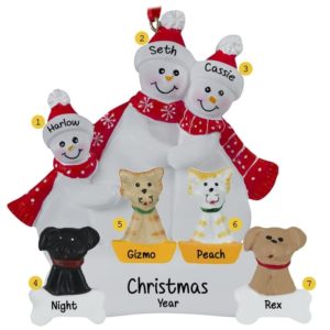 Personalized Snow Family Of 3 + 4 Pets Red Scarves Ornament