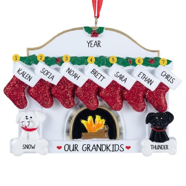 Personalized 7 Grandkids + 2 Dogs Fireplace Ornament
