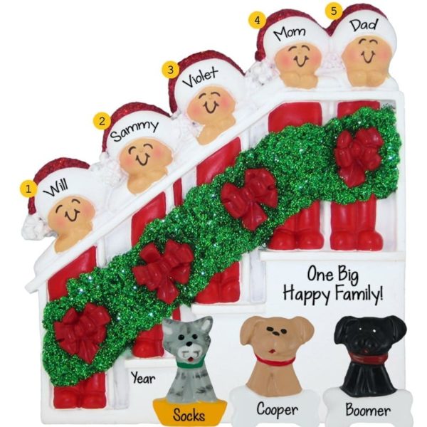 Personalized Family Of 5 + 3 Pets Christmasy Stairs Ornament