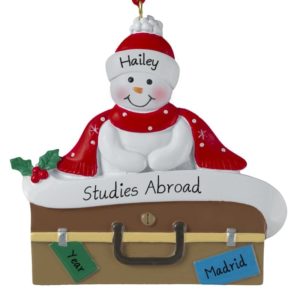 Studying Abroad Snowman Atop Suitcase Personalized Ornament