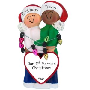 Caucasian Female African American Male 1st Married Christmas Ornament