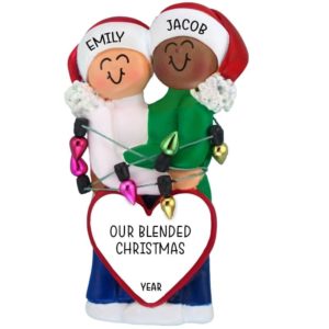 Caucasian Female African American Male Couple Tangled In Lights Ornament