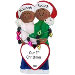 Personalized African American Couple's 1st Christmas Tangled In Lights Ornament