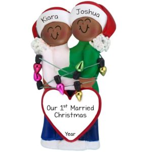 Personalized African American Couple's 1st Married Christmas Tangled In Lights Ornament