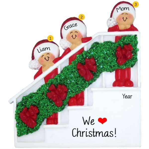 Single Parent + 2 Kids Christmas Bannister Glittered Ornament