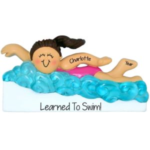 Learned To Swim BRUNETTE Girl In Water Personalized Ornament