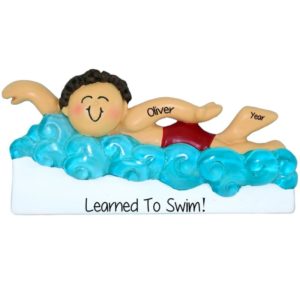 Learned To Swim BROWN HAIR BOY In Water Personalized Ornament